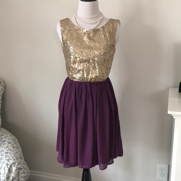 purple and gold cocktail dress